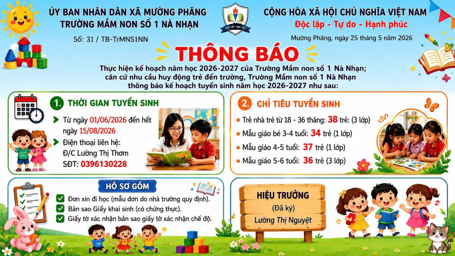 THÔNG BÁO CỦA TRƯỜNG MẦM NON SỐ 1 NÀ NHẠN